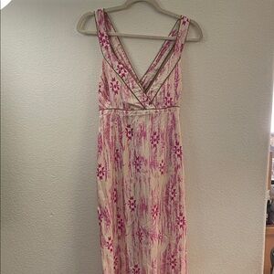 LOFT Cream and Pink Floral Brushstroke Maxi Dress 100% silk lined 14